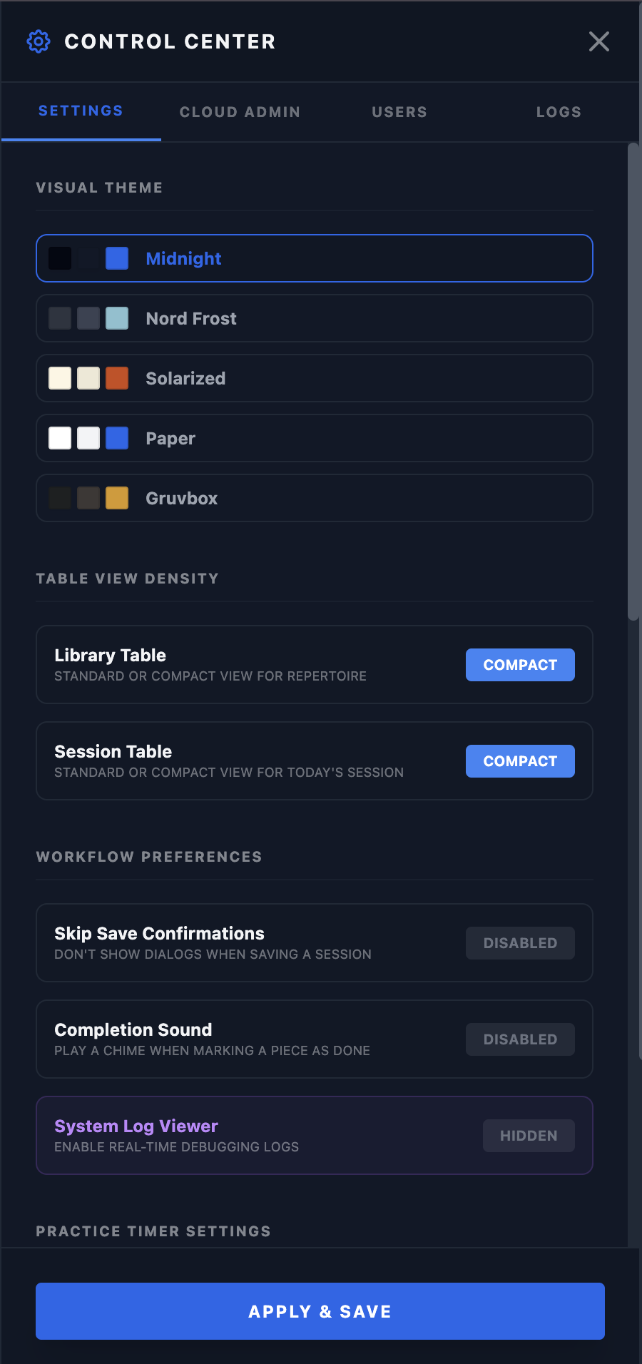 Settings Panel